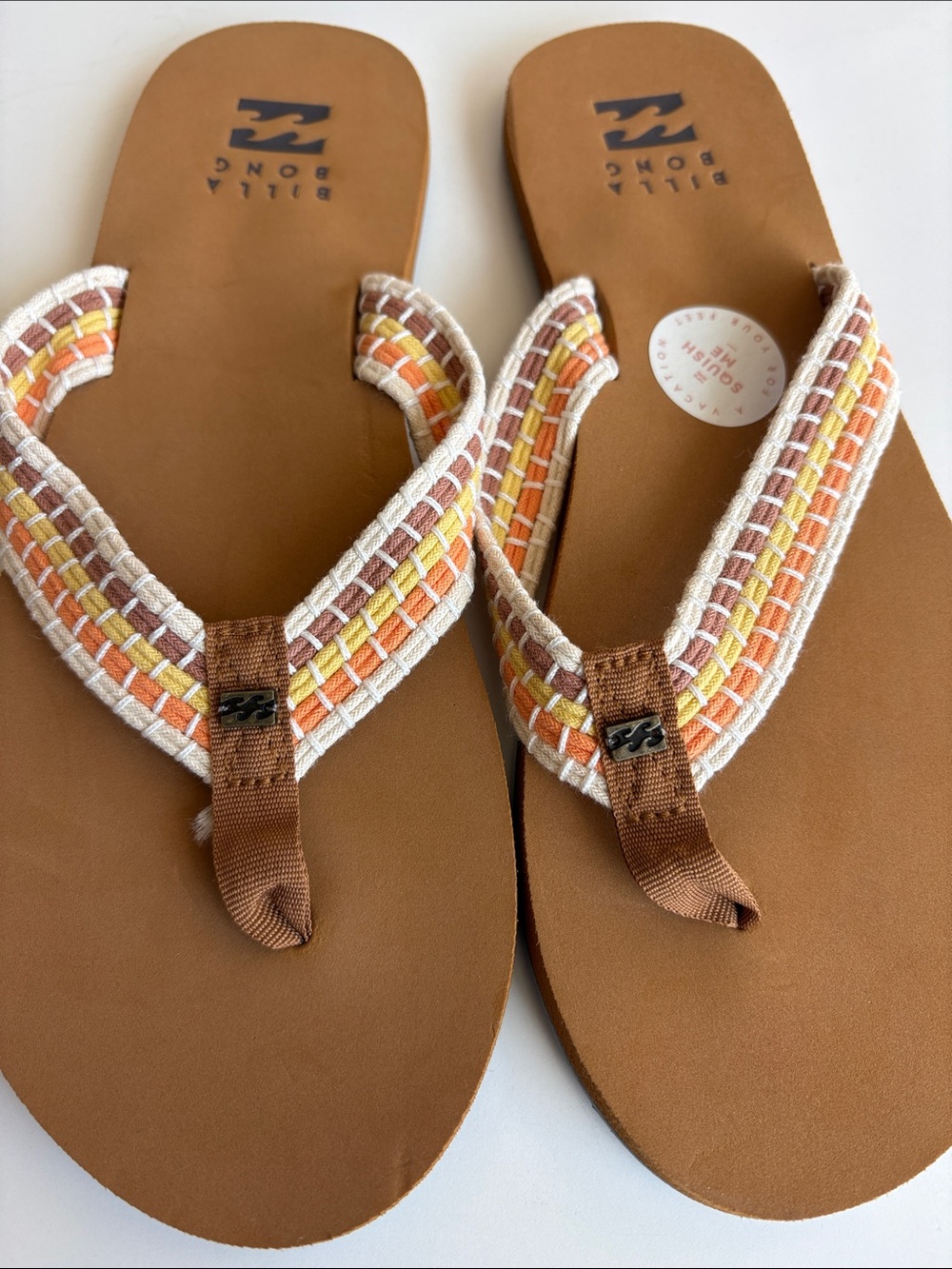 Billabong Tan Flip Flops with Orange & Cream Woven Straps women Sz 10 - Picture 4 of 6